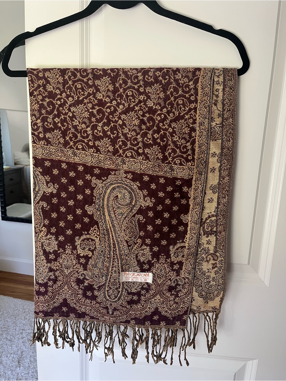 pashmina Burgundy and gold shimmer Paisley Pattern Wrap Scarf | silk
